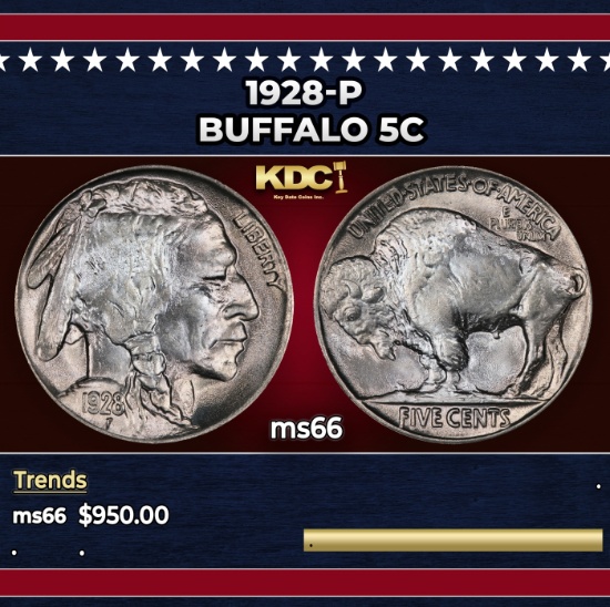 1928-p Buffalo Nickel 5c Grades ms66
