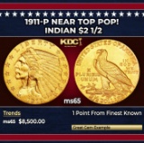 1911-p Gold Indian Quarter Eagle Near Top Pop! $2 1/2 ms65 SEGS