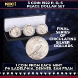 3 Coin 1922 P, D, S Peace Dollar Set, 1 Coin From Each Mint