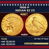 1908-p Gold Indian Quarter Eagle $2 1/2 ms64+ SEGS