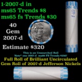 BU Shotgun Jefferson 5c roll, 2007-d 40 pcs Bank $2 Nickel Wrapper