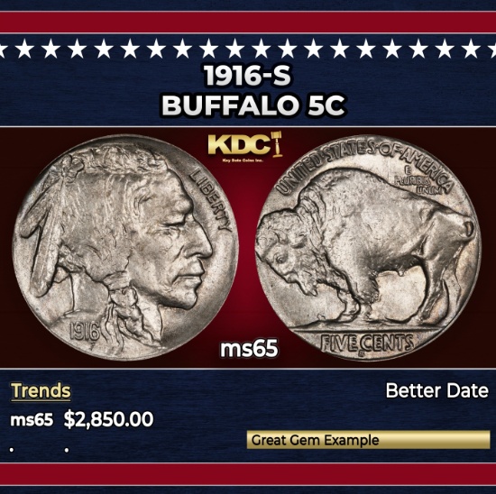 1916-s Buffalo Nickel 5c ms65 SEGS