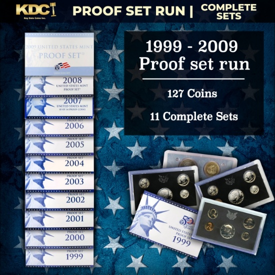 1999-2009 Full Proof Set Run - 127 Coins, 11 Sets Complete 50 State Quarters, Territories Run, & Lif