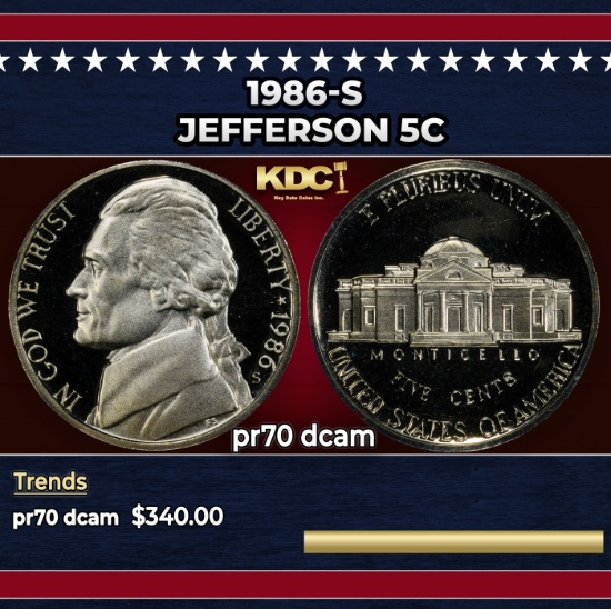 1986-s Proof Jefferson Nickel 5c pr70 dcam SEGS