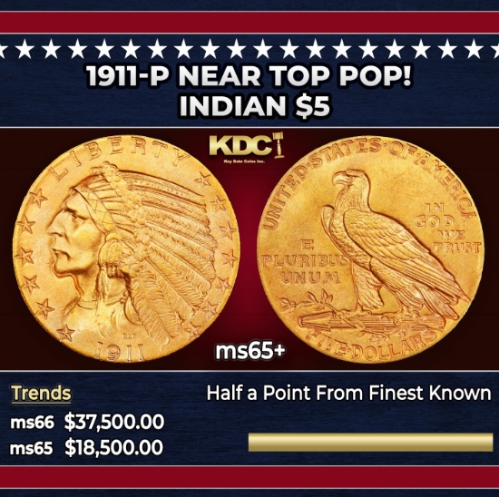 1911-p Gold Indian Half Eagle Near Top Pop! $5 ms65+ USCG