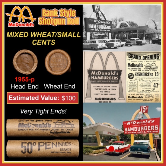 Lincoln Wheat Cent 1c Mixed Roll Orig Brandt McDonalds Wrapper, 1955-p end, Wheat other end
