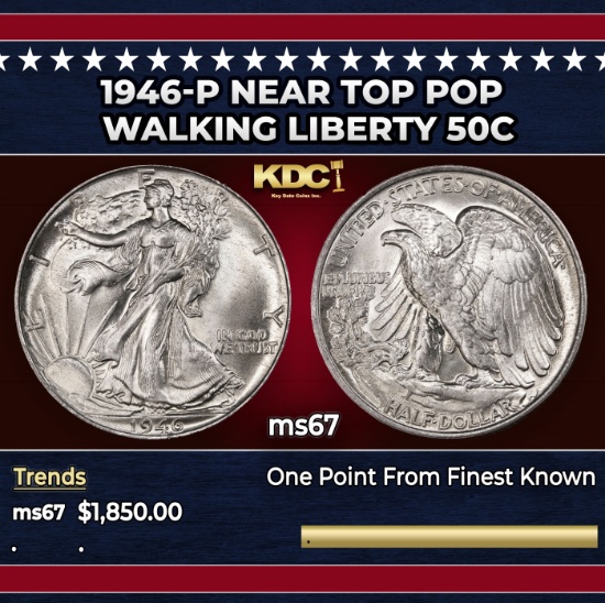 1946-p Walking Liberty Half Dollar Near Top Pop 50c ms67 SEGS