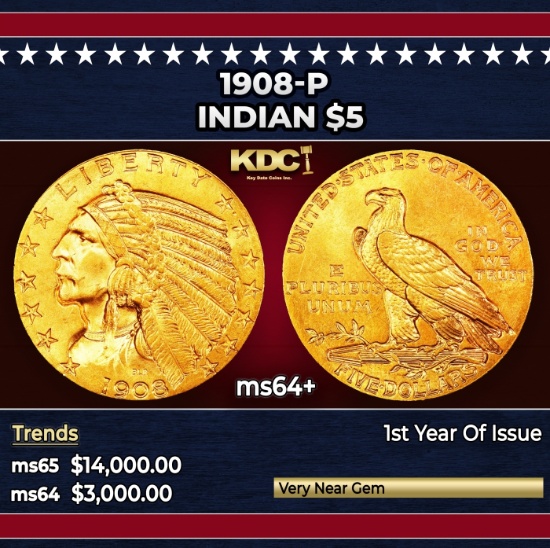 1908-p Gold Indian Half Eagle $5 ms64+ USCG