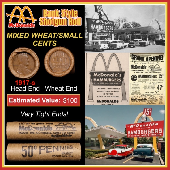 Lincoln Wheat Cent 1c Mixed Roll Orig Brandt McDonalds Wrapper, 1917-s end, Wheat other end