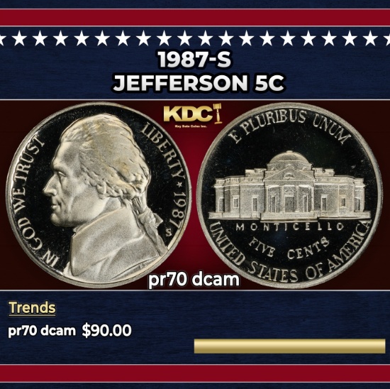 1987-s Proof Jefferson Nickel 5c pr70 dcam SEGS