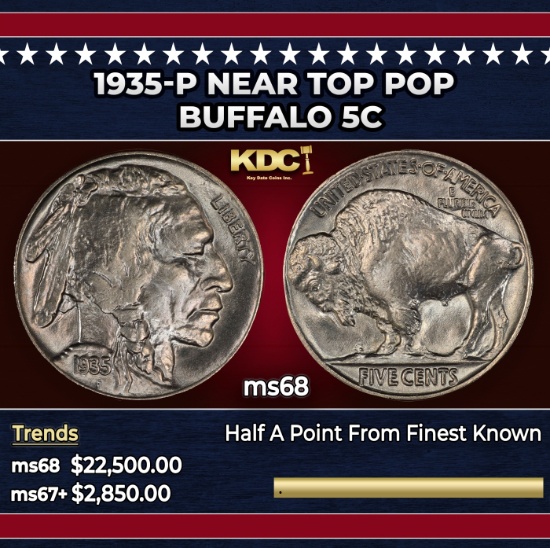 1935-p Buffalo Nickel Near Top Pop 5c ms68 SEGS