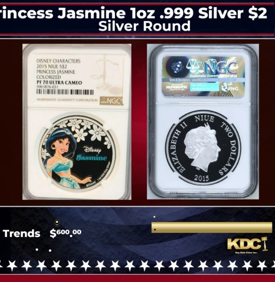 NGC NGC 2015 Disney Characters Princess Jasmine 1oz .999 Silver $2  Niue Commerative Coin Aladdin Pr
