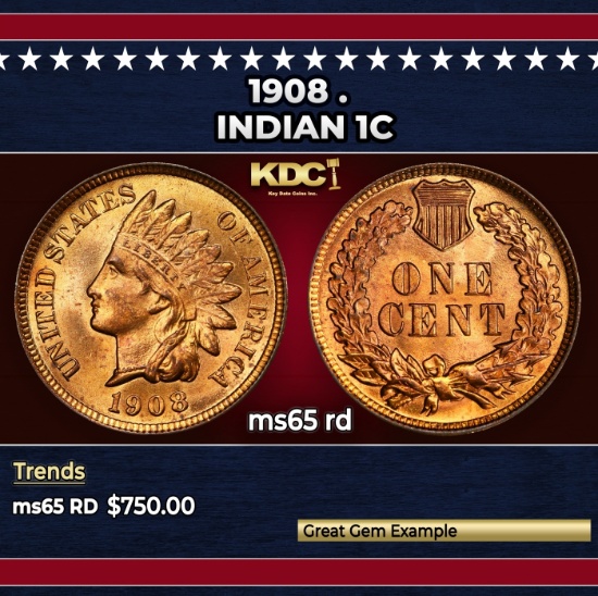 1908 Indian Cent . 1c Grades ms65 rd
