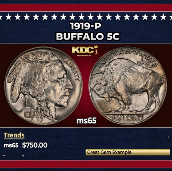 1919-p Buffalo Nickel 5c Grades ms65