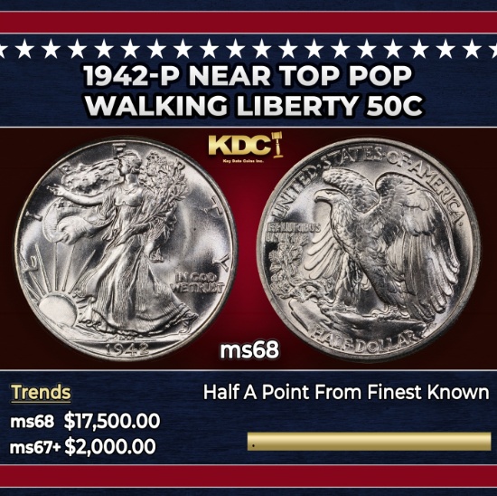 1942-p Walking Liberty Half Dollar Near Top Pop 50c ms68 SEGS