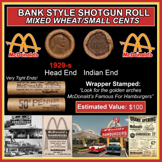 Lincoln Wheat Cent 1c Mixed Roll Orig Brandt McDonalds Wrapper, 1929-s end, Indian other end