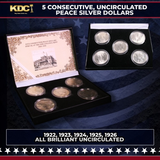 5x Coin Consecutive Peace Dollar Set 1922-1926-p ALL UNC, 5 Peace Dollars From Philly