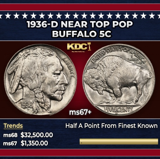 1936-d Buffalo Nickel Near Top Pop 5c ms67+ SEGS