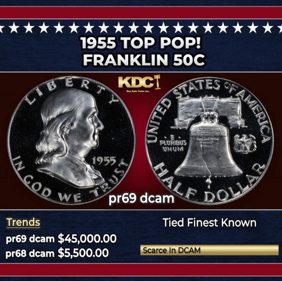 1955 Proof Franklin Half Dollar TOP POP! 50c pr69 dcam SEGS