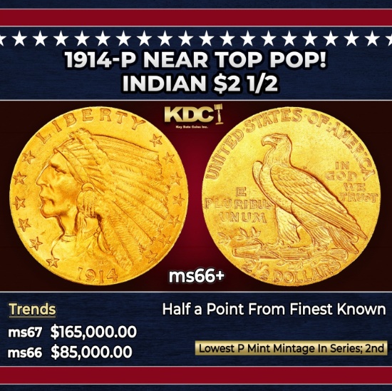 1914-p Gold Indian Quarter Eagle Near Top Pop! $2 1/2 ms66+ USCG