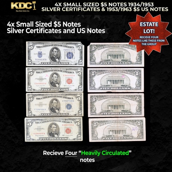 4x Small Sized $5 Notes 1934/1953 Silver Certificates & 1953/1963 $5 US Notes Heavily Circulated