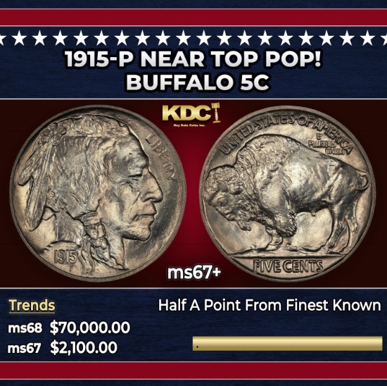 1915-p Buffalo Nickel Near Top Pop! 5c ms67+ SEGS
