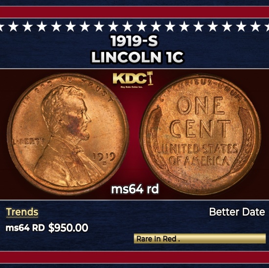 1919-s Lincoln Cent 1c Grades ms64 rd