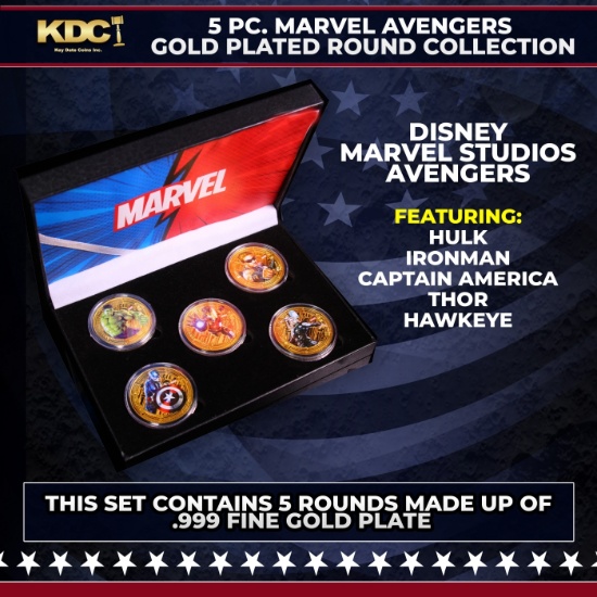 5 Coin Gold Plated Marvel Avengers Superhero Set Includes Hulk, Iron Man, Hawkeye, Thor, & Captain