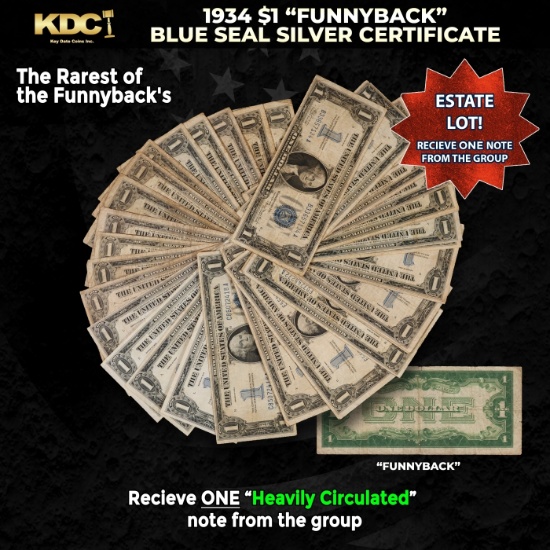 1x 1934 $1 Funnyback Blue Seal Silver Certificate Heavily Circulated