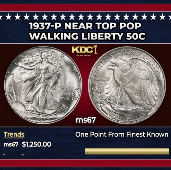 1937-p Walking Liberty Half Dollar Near Top Pop 50c ms67 SEGS