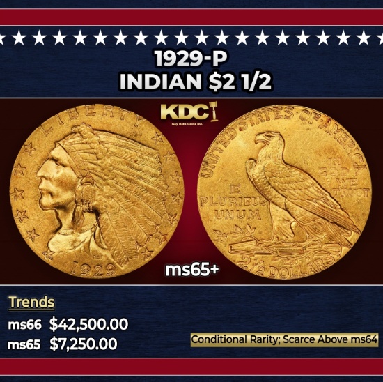 1929-p Gold Indian Quarter Eagle $2 1/2 ms65+ SEGS
