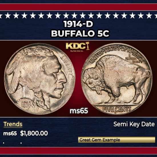 1914-d Buffalo Nickel 5c ms65 SEGS