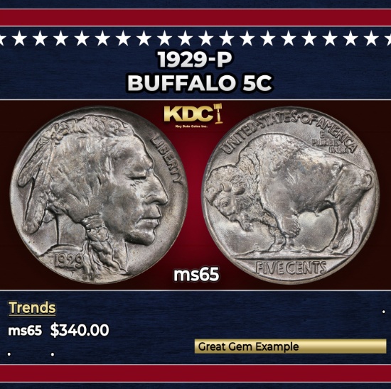 1929-p Buffalo Nickel 5c Grades ms65