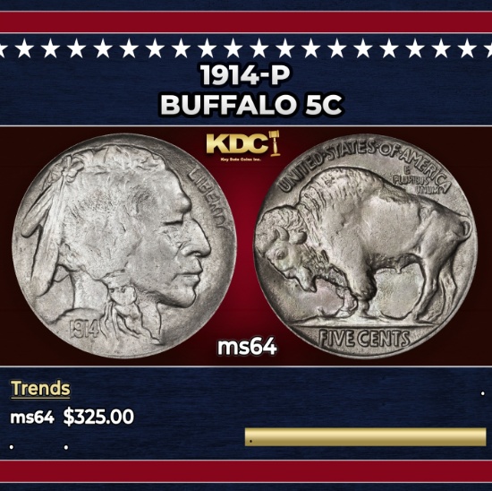 1914-p Buffalo Nickel 5c Grades ms64