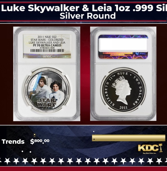 NGC NGC 2011 Star Wars Colorized Luke Skywalker & Leia 1oz .999 Silver $2  Niue Commerative Coin Pro