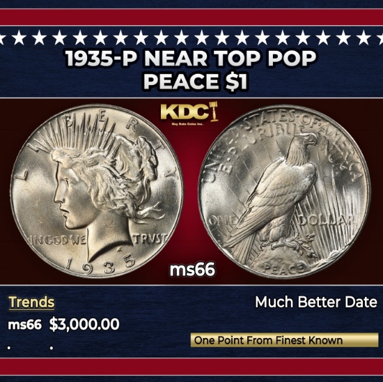 1935-p Peace Dollar Near Top Pop $1 ms66 SEGS