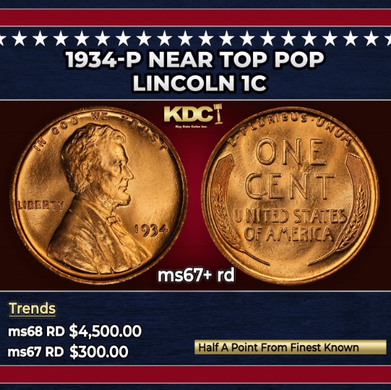 1934-p Lincoln Cent Near Top Pop 1c ms67+ rd SEGS