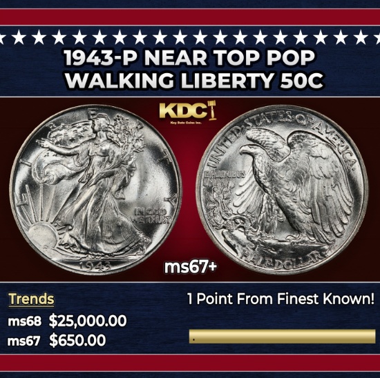 1943-p Walking Liberty Half Dollar Near Top Pop 50c ms67+ SEGS