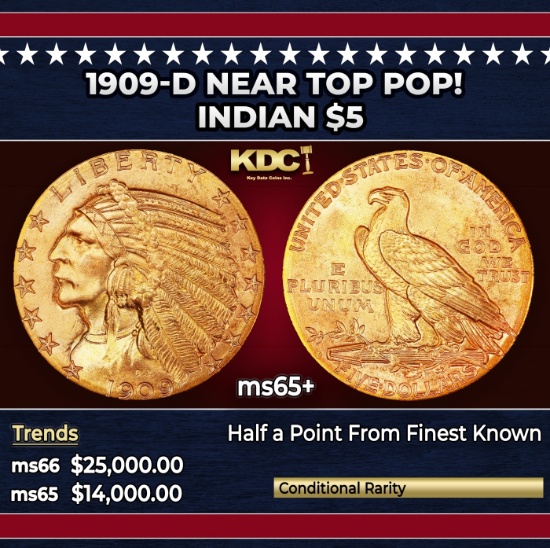 1909-d Gold Indian Half Eagle Near Top Pop! $5 ms65+ USCG