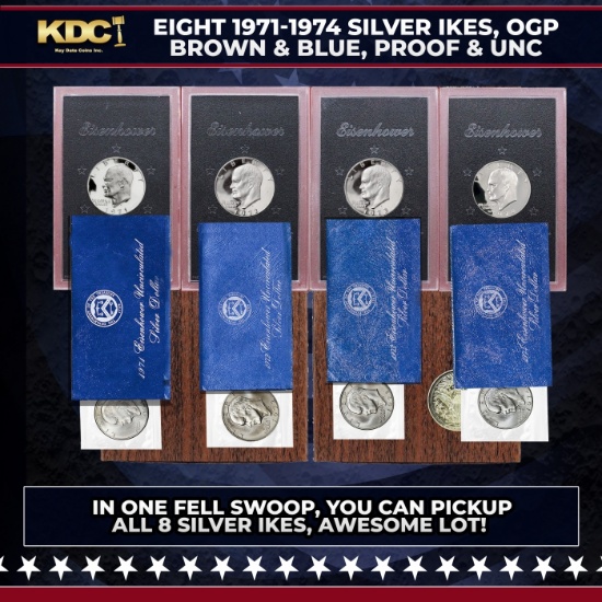 1971-1974 Full US Mint Silver Proof "Blue Ikes" and "Brown Ikes" Run, In Original Packaging - 8 Coin