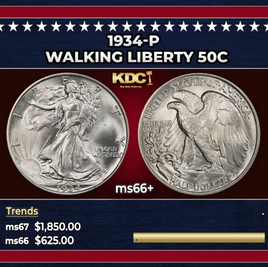 1934-p Walking Liberty Half Dollar 50c ms66+ SEGS