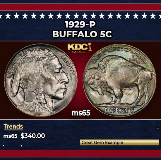 1929-p Buffalo Nickel 5c Grades ms65