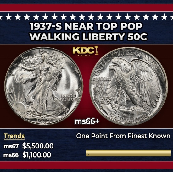 1937-s Walking Liberty Half Dollar Near Top Pop 50c ms66+ SEGS