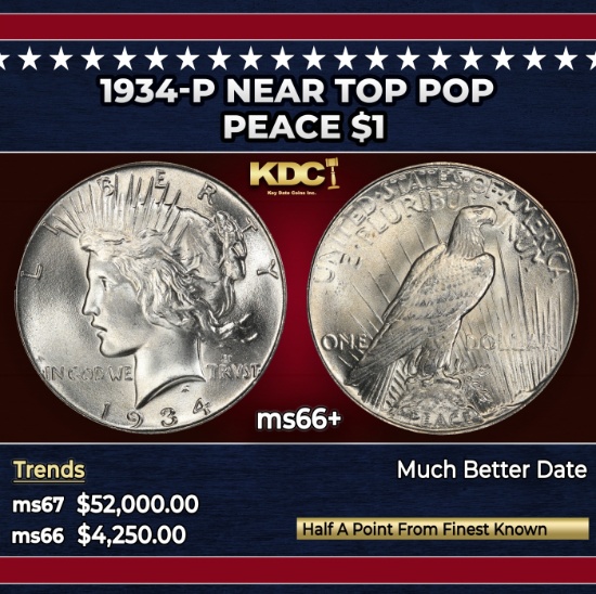 1934-p Peace Dollar Near Top Pop $1 ms66+ SEGS