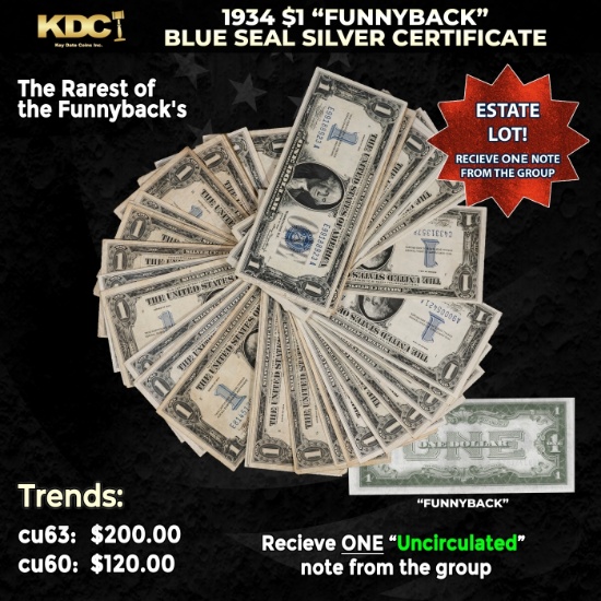 1x 1934 $1 Funnyback Blue Seal Silver Certificate Grades CU