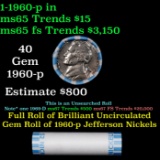 BU Shotgun Jefferson 5c roll, 1960-p 40 pcs Bank $2 Nickel Wrapper