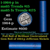 BU Shotgun Jefferson 5c roll, 1964-p 40 pcs Bank $2 Nickel Wrapper