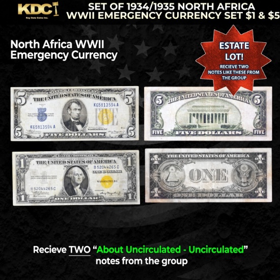 Set of 1934/1935 North Africa WWII Emergency Currency Set $1 & $5 Grades AU/CU