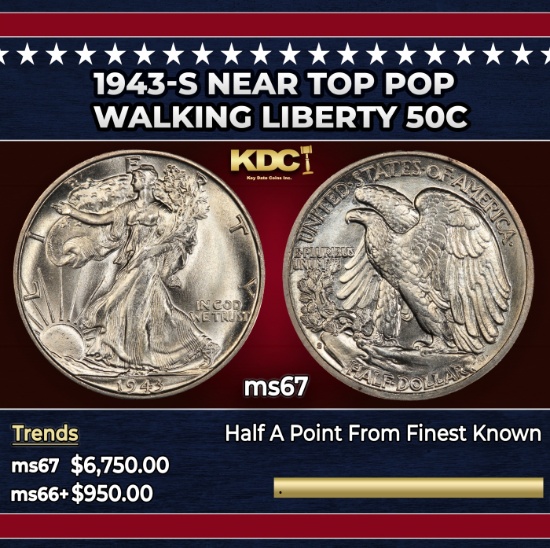 1943-s Walking Liberty Half Dollar Near Top Pop 50c ms67 SEGS