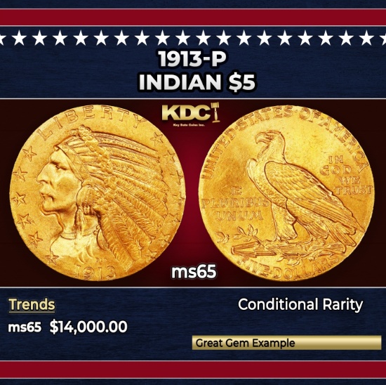 1913-p Gold Indian Half Eagle $5 ms65 USCG